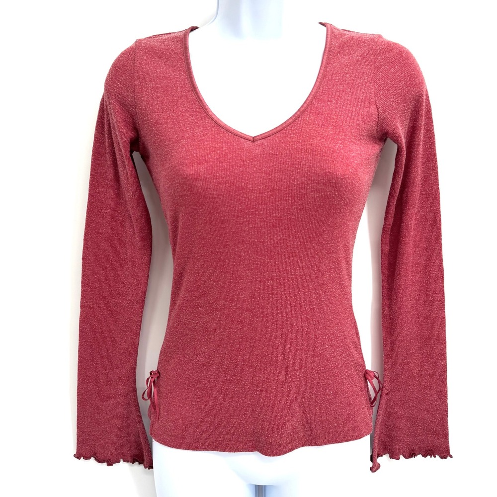 Vintage Y2K Energie Red V-Neck Flare Long Sleeve Top Size S Ribbon Ties Girly